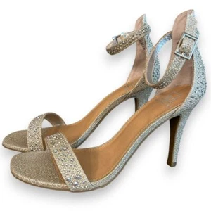 Material Girl Glittery Gold Ankle Strap Sandals Rhinestone Embellished Heels 7.5 - Picture 1 of 7