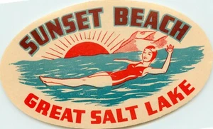 Sunset Beach ~ TOLLER SALZSEE - UTAH ~ erstaunliches ART DECO Reise-/Gepäcketikett - Bild 1 von 2