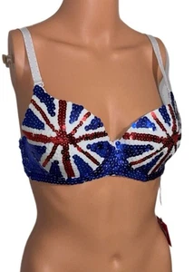 Britische Flagge Pailletten Print U/W Print geformte Cups BH-Top Neu mit Etikett L Y2K Deadstock Punk - Bild 1 von 2