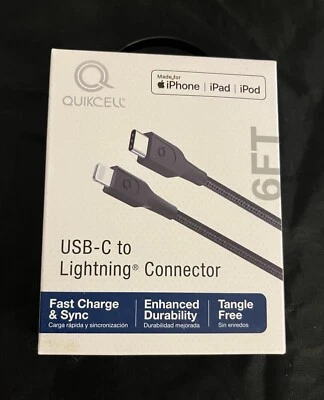 NIB QUIKCELL 6ft FAST CHARGE CABLE USB-C TO ⚡️ APPLE  BLACK - Image 1 of 2