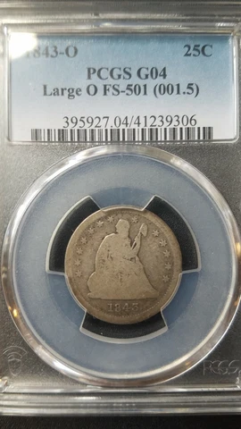 1843-O Large O FS-501 (001.5) Seated Liberty Quarter * PCGS G04 * Very Scarce Cover