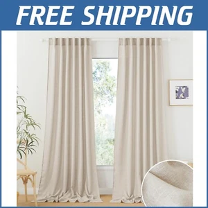 Breathe Easy with 2 Panels of Long Beige Semi-Sheer Linen Curtains - Room Decor - Picture 1 of 8