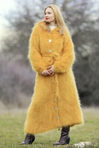 SUPERTANYA gelb lange Strickjacke Fuzzy Mohair dick handstrick Hoodie Pullover Mantel - Bild 1 von 8