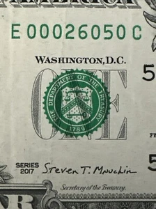 NUMERO DI SERIE BASSO "E 000 2 6050 C" SERIE 2017 banconota da 1 dollaro L✯✯K - Foto 1 di 11