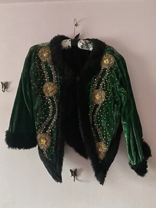 Statement Jacket Green Velvet Black Fur Sequins Beads Gold Sz14 Short Costume - Picture 1 of 13