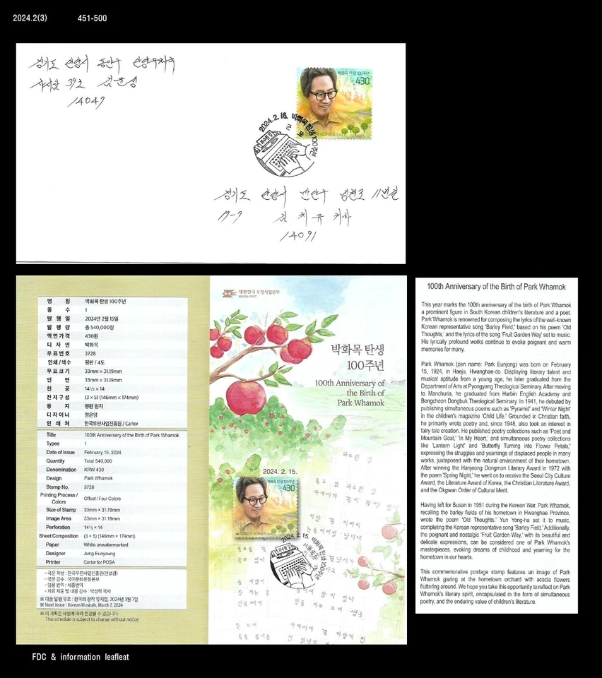 Literatura, Park Whamok, poema, poeta, flor, manzano, frutas, huerto, Corea 2024 FDC Foto 1 de 1
