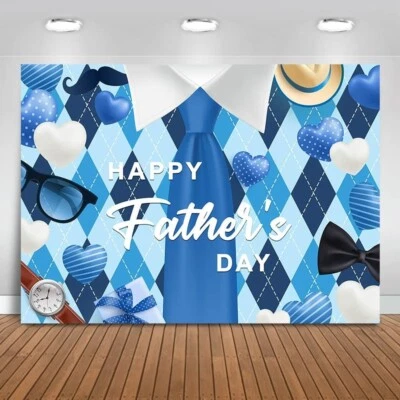 Feliz Día del Padre Telón de Fondo Corbata Azul Amo Papá Fondo Azul Blanco 7x5' Foto 1 de 4