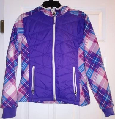 Chaqueta con capucha forrada de piel sintética liviana mayormente púrpura para niñas talla 14-16 Foto 1 de 4