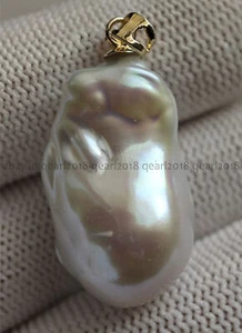 Huge Real Natural White South Sea Baroque Keshi Pearl Pendant 14K Yellow Gold - Picture 1 of 4