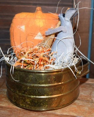 Primitive Halloween Gathering Mouse Pumpkin Handmade In Metal Basket - Image 1 of 3