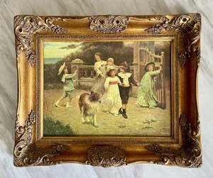 Impresión oleográfica vintage gruesa dorada ornamentada enmarcada en madera sobre lienzo - Imagen 1 de 14