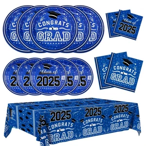 121 pcs Graduation Decorations 2025 Party Set Blue Plates Napkins Tablecoth - Picture 1 of 4