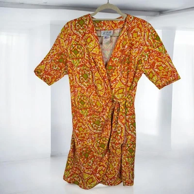 Vestido envolvente vintage años 80 JDB of California mujer 7 naranja verde amarillo abstracto Foto 1 de 4