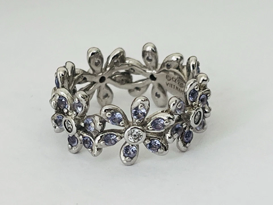Diamonique Sterling Silver 925 Tanzanite CZ Floral Eternity Band Ring Size 6 - Image 1 of 4