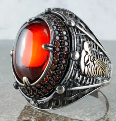 Anillo recto de plata esterlina hecho a mano natural con piedras preciosas de circonita roja Foto 1 de 4