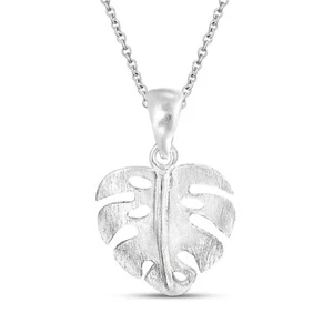 Nature Chic Monstera Plant Leaf Sterling Silver Satin Finish Pendant Necklace - Picture 1 of 6