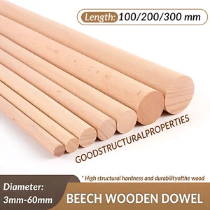 Beech Wooden Dowel Rod 3-60mm Dia 100/200/300mm Length Smooth Rod Wood Doweling - Picture 1 of 31