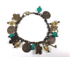Handmade Bracelet Charm 6.5" Vintage Brass Metal  Flower Teal  Stone Crystal New - Picture 1 of 3