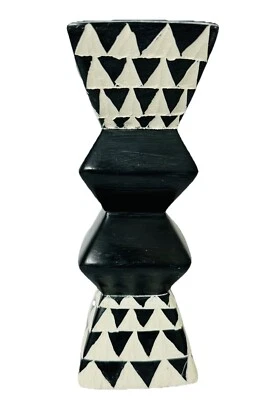 Hand Painted Courtly Check Candle Holder Pillar Candlestick Checkered Ceramic 7" - Image 1 of 4