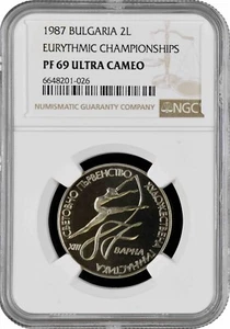 Bulgaria 2 leva 1987, NGC PF69 UC, "Eurhythmic" OBV/REV DISPLACEMENT Top Pop 2/0 - Picture 1 of 2