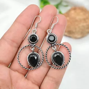 Black Spinel Hook Earrings Gemstone Handmade 925 Sterling Silver Jewelry Gift - Picture 1 of 6