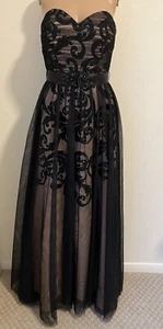 Betsy & Adam Formal Black Beaded Tulle Over Nude Satin Ball Gown Prom Size 4 - Picture 1 of 14