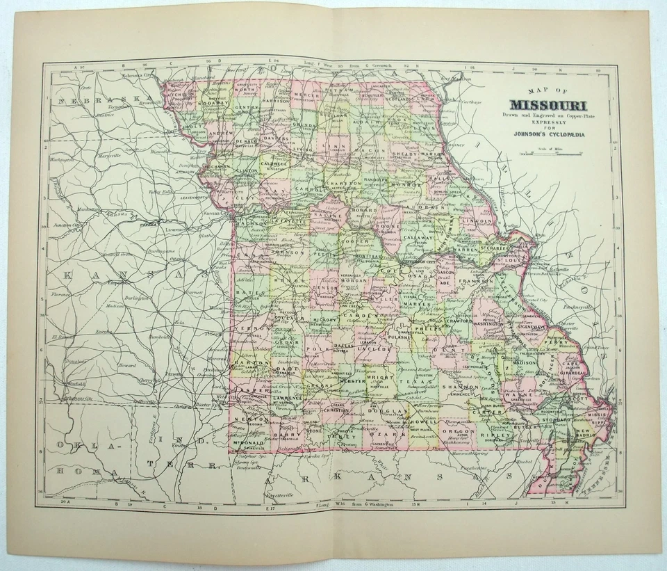 Missouri - Mapa original de placa de cobre de 1896 de AJ Johnson. Antiguo Foto 1 de 3