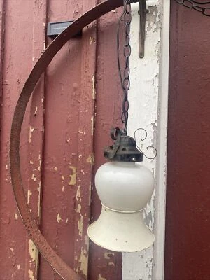 RARE milk Glass And Metal Shade Pendant  Hanging Light Vintage MCM plug In 13x7 - Image 1 of 4