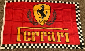 RED FERRARI CHECKERED BORDER & LEAF FLAG new 3x5ft QUALITY SATIN US seller - Picture 1 of 4