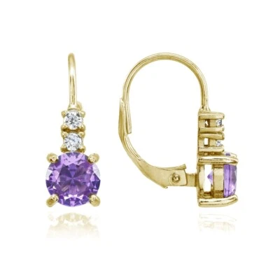 Gold Tone over Silver Simulated Amethyst Round and CZ Accents Leverback Earrings - Image 1 of 4