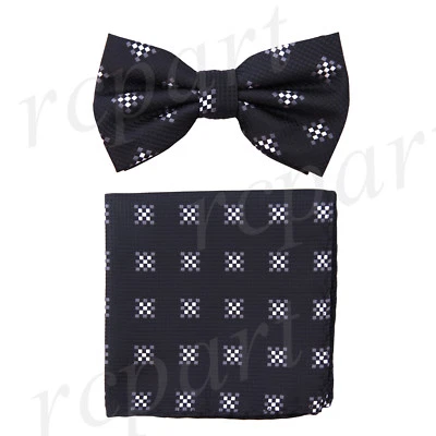 Nuevo Hombre Microfibra Pre-atado Pajarita y Pañuelo Negro Blanco Cuadros Formal  Foto 1 de 3