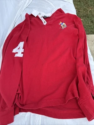 US POLO ASSN Men's Lg Golf Shirt Rare Double Jockey Big Pony 4 LS Rugby Red - Image 1 of 4