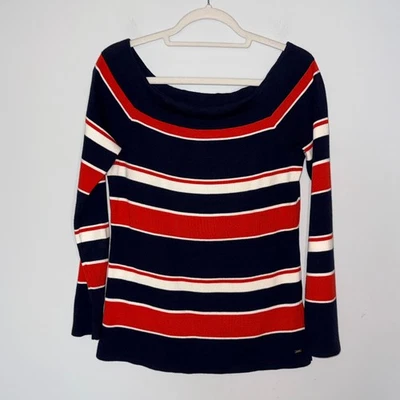 Tommy Hilfiger Mujer Suéter a Rayas Talla L Cuello Barco Azul Marino Rojo Preppy Elástico Foto 1 de 4