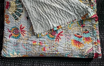 Indian Floral Print Kantha Quilt Bedspread Bedding Throw Twin Cotton Blanket - Image 1 of 2