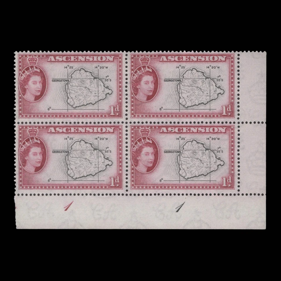 Ascension 1956 (MNH) 1d карта пластина 1-1 блок - Изображение 1 из 1