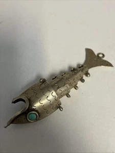 Silver Metal Fish Reticulated 3” Pendant Charm Turquoise Eyes - Picture 1 of 5