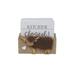 Wooden Coasters and Holder Set Highland Cow Design Printed Sayings Drink Pads - Picture 1 of 5