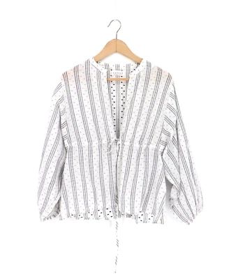 VELVET By Graham & Spencer Renata Embroidered Cotton Striped Top Cream S $133 H6 - Image 1 of 4