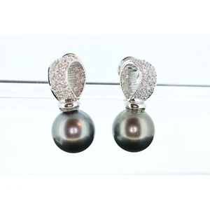 Tahitian Pearl Earrings. 18k Large Black TAHITIAN Pearls With In and Out Pave Di - Picture 1 of 9