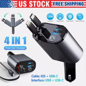 Cargador de Coche Retráctil 120W 4 en 1 Cargador de Teléfono de Coche Rápido con Cable USB Tipo C - Imagen 1 de 13