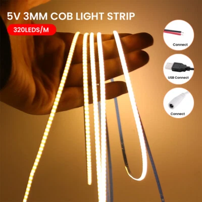 5V 3MM Thin COB LED Strip Lights Warm White Flexible Tape for Room Bar TV Indoor - Image 1 of 4