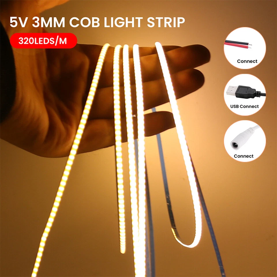 5V 3MM Thin COB LED Strip Lights Warm White Flexible Tape for Room Bar TV Indoor - Image 1 of 4