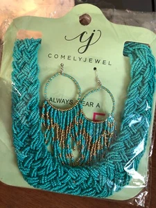 Türkis Gold Saatperlen geflochten Kragen Halskette Ohrhänger Set Neu in Verpackung - Bild 1 von 11