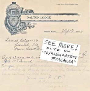 1914 LETTERHEAD DALTON LODGE KANSAS IOOF ODDFELLOWS RC BROWN Ward Stilson OHIO - Picture 1 of 1