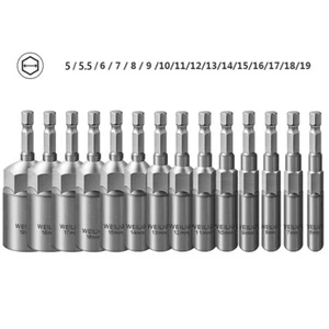 Hex Nut Driver or Set 5 -19mm Socket 80mm Long Impact Drill Bits Depth 30mm 1/4" - Picture 1 of 25