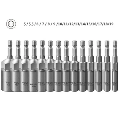 Hex Nut Driver or Set 5 -19mm Socket 80mm Long Impact Drill Bits Depth 30mm 1/4" - Image 1 of 4