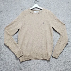 Penguin By Unsignwear Sweater Men's Large Beige Lambswool Tight Knit Crew Neck - Picture 1 of 13