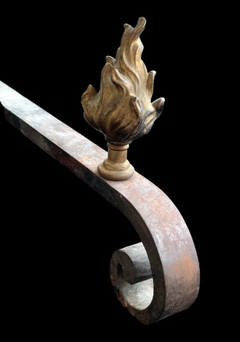 19th Century Fireplace Andirons and Log Frame ~ Flame and Scroll Cover