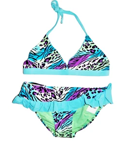 NWT GIRLS size 14 TURQUOISE & MINT LEOPARD PRINT SKIRTED HALTER BIKINI - Picture 1 of 6