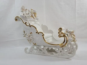 Grandeur Noel Porcelain Christmas Sleigh - White - Gold Trim - Holiday Christmas - Picture 1 of 22